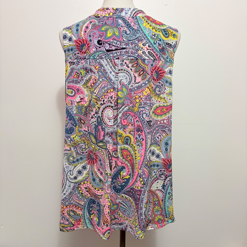 Dear Scarlett Sleeveless Blouse XL Multi Paisley Split Neck Relaxed Fit Top - Picture 5 of 7
